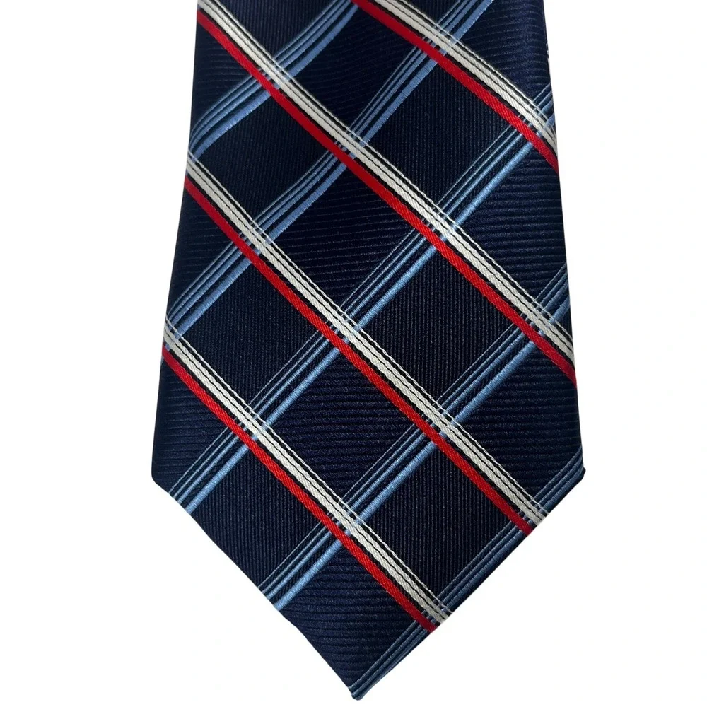 Nordstrom Men's Shop Red White Blue‎ Classic Windowpane Check Silk Tie